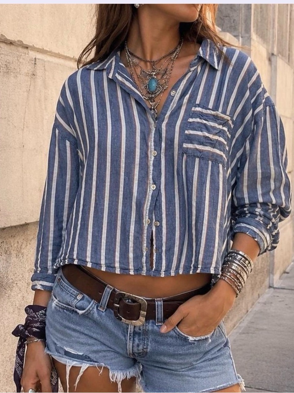 Sigrid Olsen Oversized Linen Blend Cropped Stripe Shirt | Size S